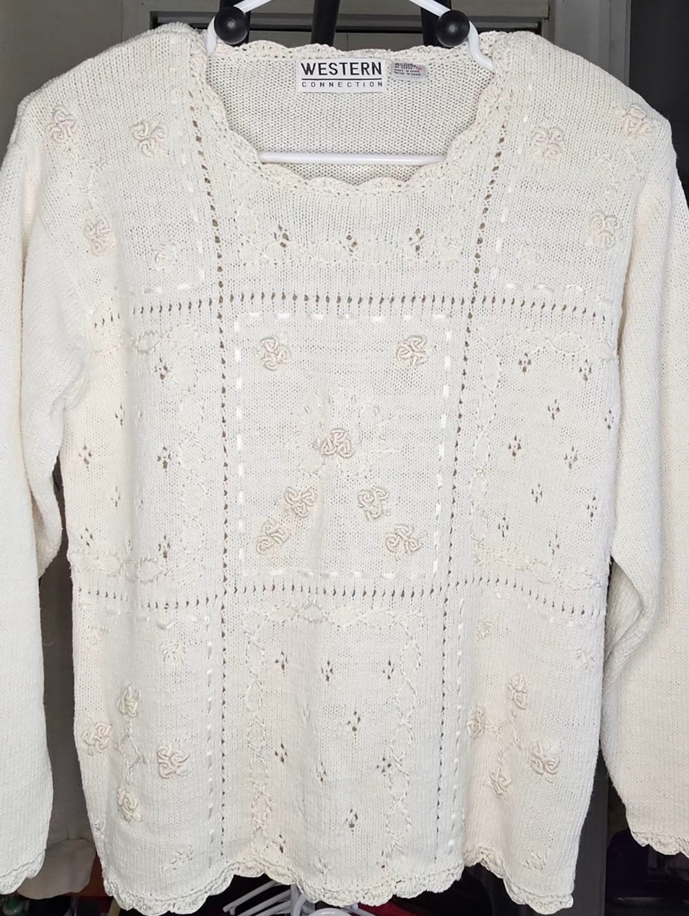Vtg Western Connection Cream Floral Embroidered Sweater w/ Shoulder Pads Size S